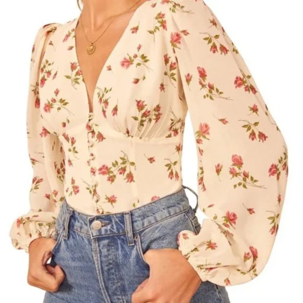 NEW Reformation Sheer back Santino Floral Print Top in Ivory - Size 10 #1393 - Picture 2 of 7
